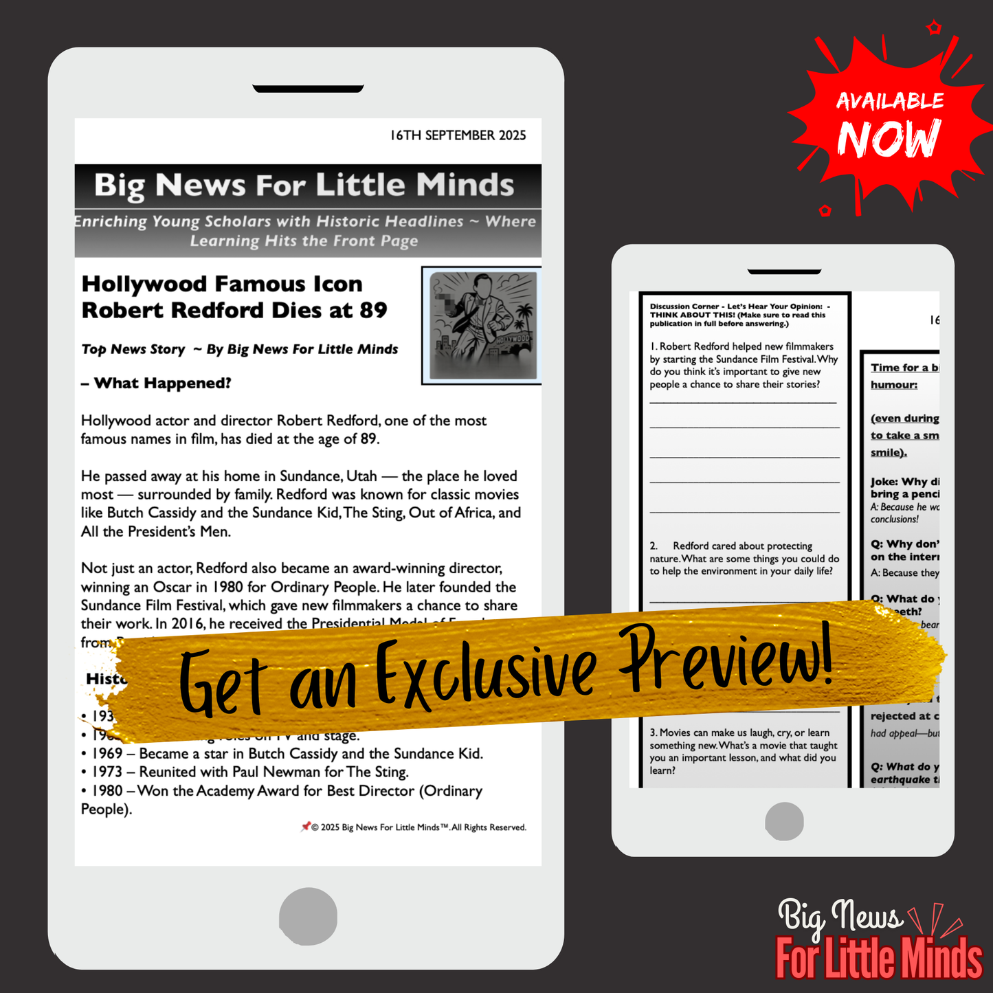 Robert Redford Passes Away: Kids Article on Biography , Activities & Freebie Worksheets!