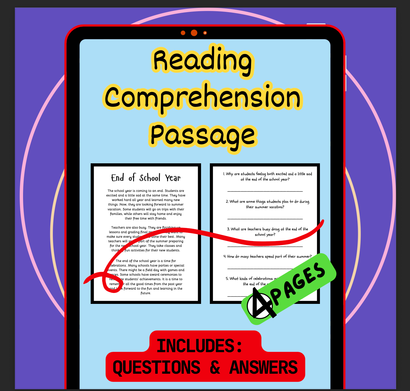 End of School Year Reading Comprehension Passage, Questions & Answers + Reflection