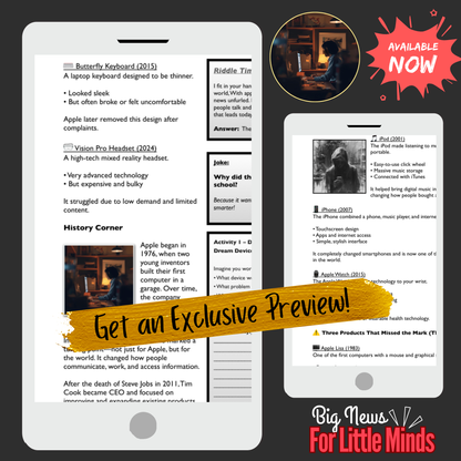 Apple at 50: Hits, Misses & Game-Changing Ideas: Kids Newspaper Pack 2026!