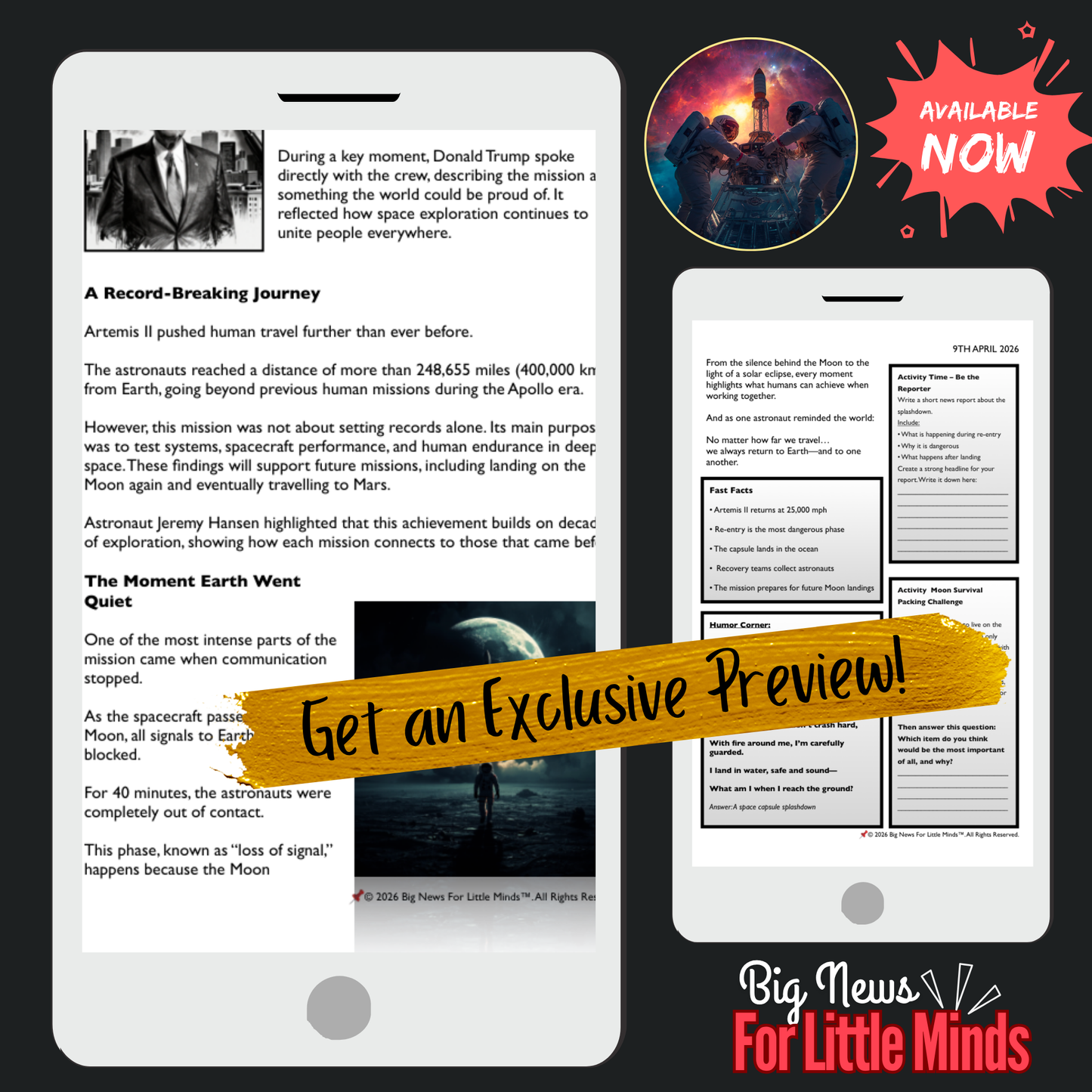Artemis II Re-entry & Splashdown: Blazing Back to Earth: Kids Article Pack & Freebies!