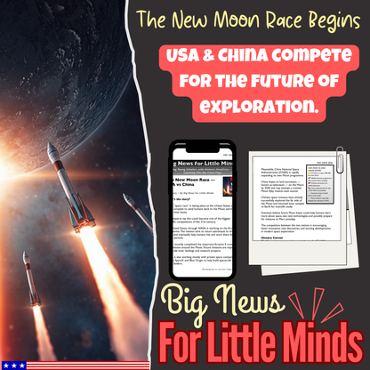 The New Moon Space Race — USA vs China: Kids Article, Activities & Worksheets (Pack)