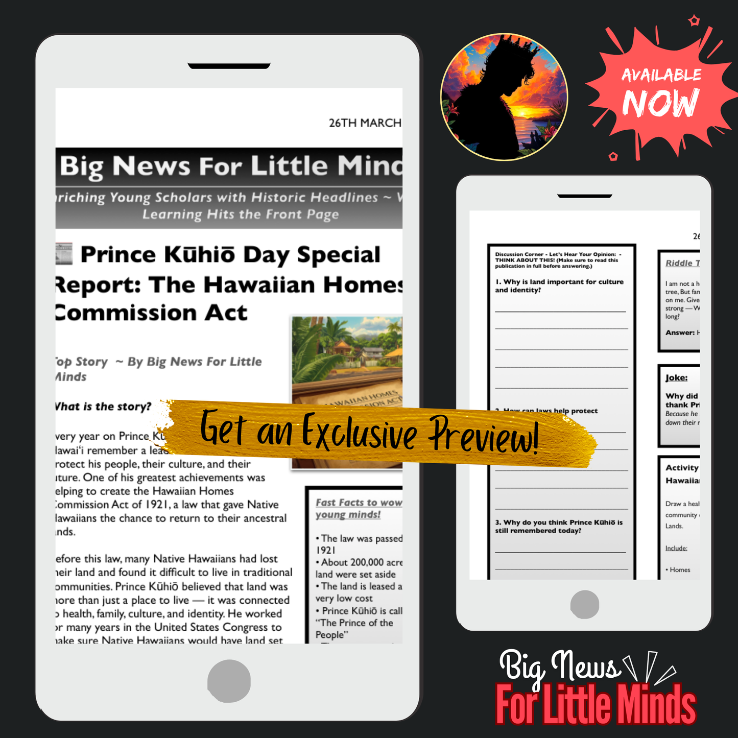 Prince Kūhiō and the Fight for Hawaiian Land Rights: Kids Article Pack & Freebies