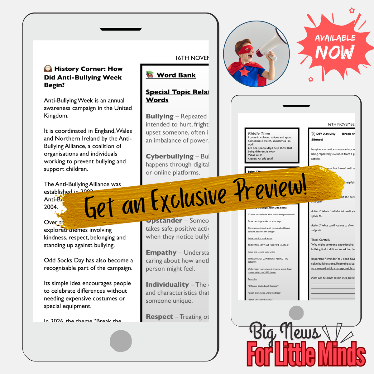 Anti-Bullying Week 2026: Break the Silence Newspaper, Reading & Activities PACK!
