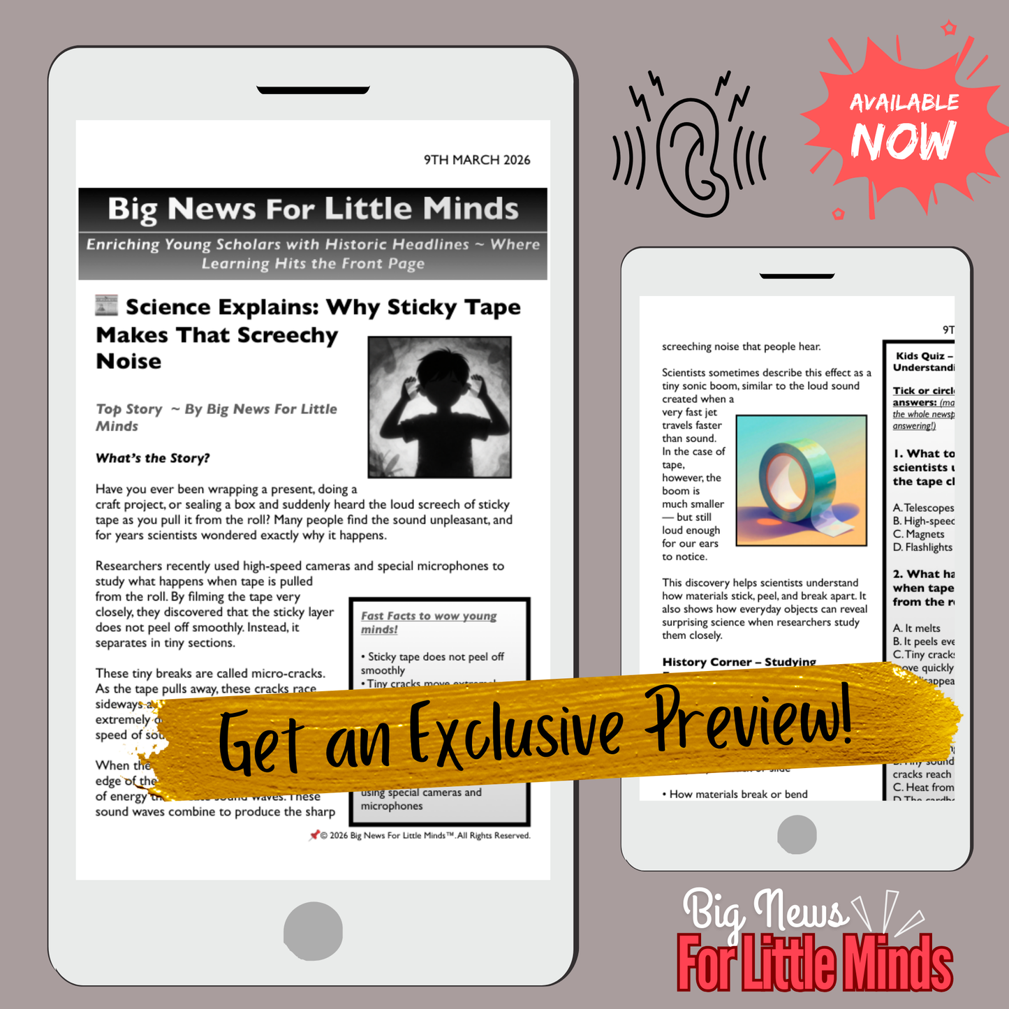 The Surprising Science of Sticky Tape Noise & Sounds: Kids Article Package!
