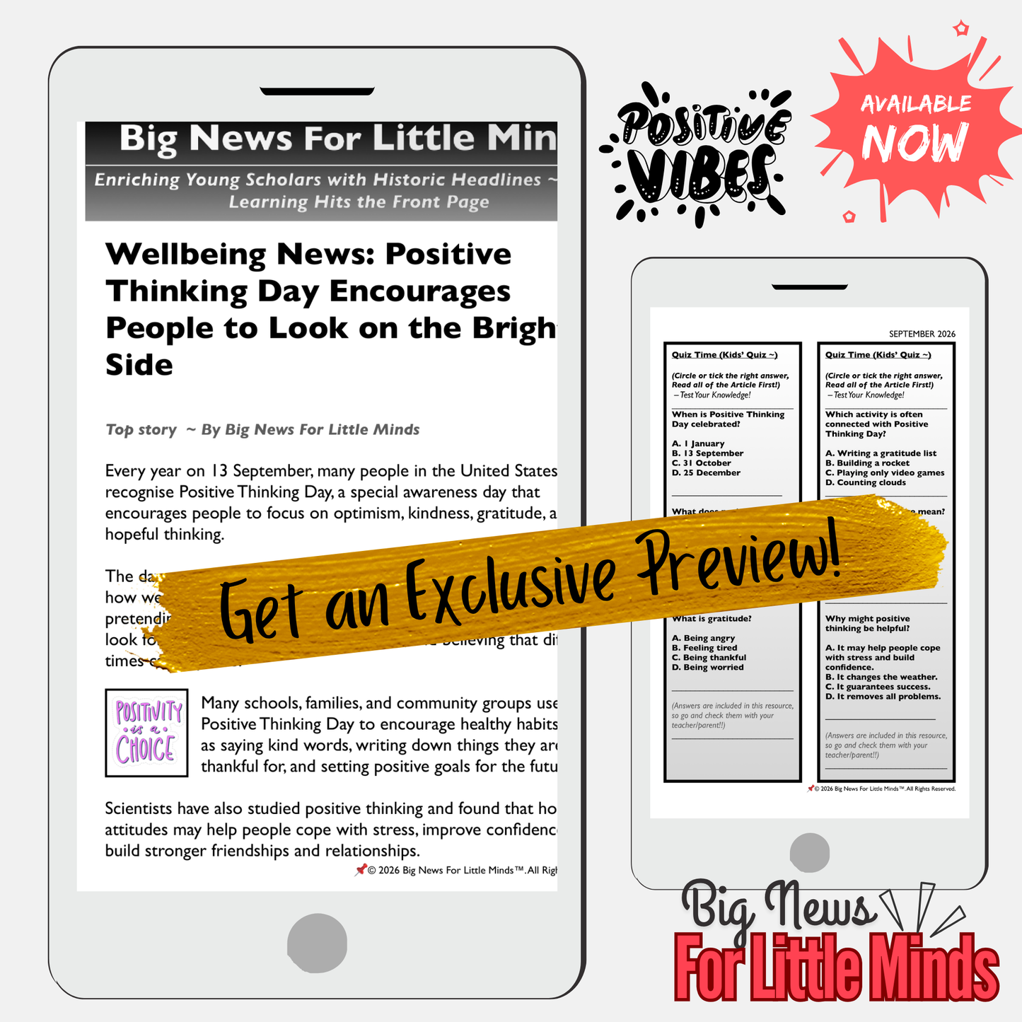 Positive Thinking Day: POWER OF A POSITIVE MINDSET! SEL Article, Activities & Quiz!
