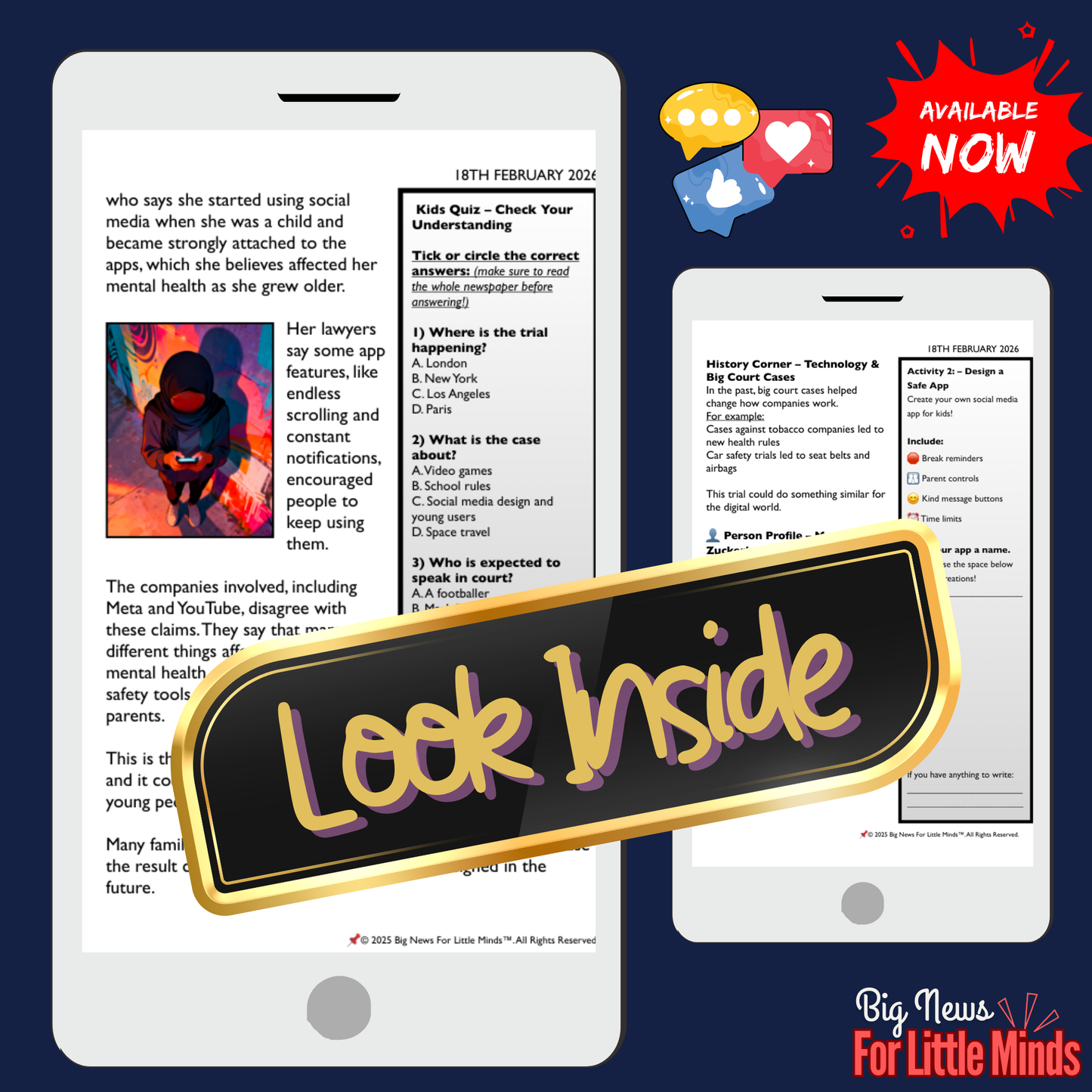 Mark Zuckerberg Heads to Court as Big Tech on Trial: Kids Article Pack!