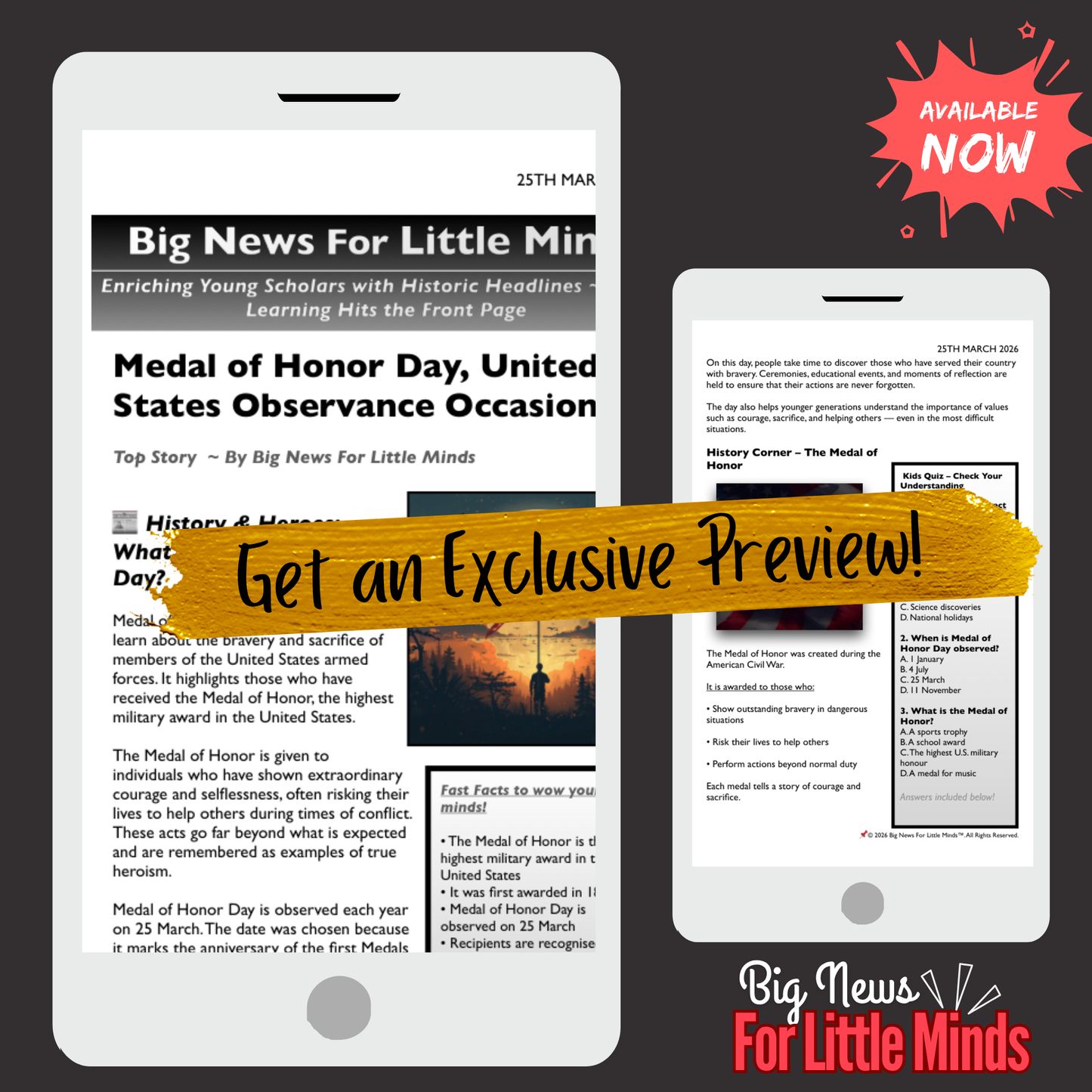 Medal of Honor Day: "America’s Bravest Heroes" Article Pack for Kids on 25 March!