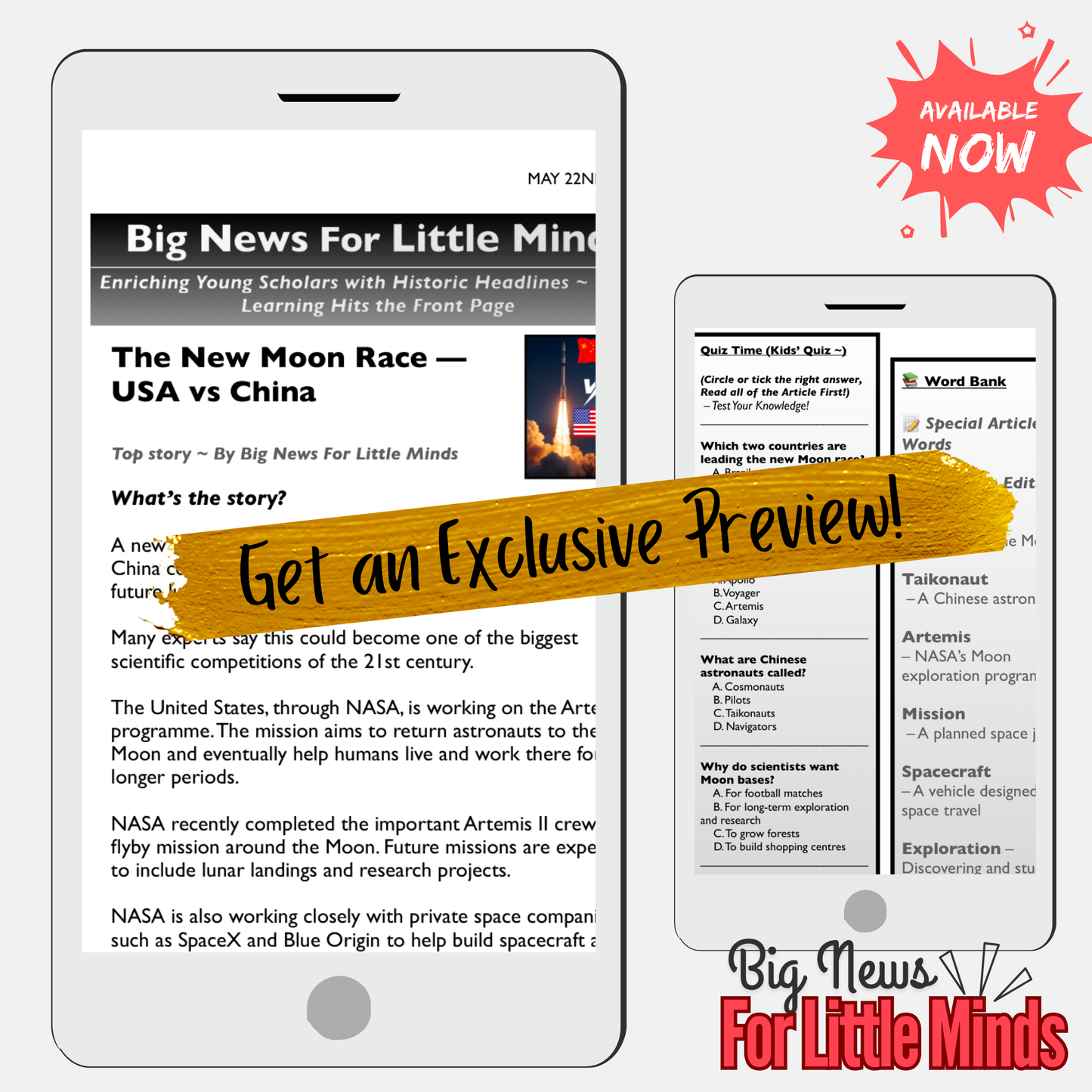The New Moon Space Race — USA vs China: Kids Article, Activities & Worksheets (Pack)