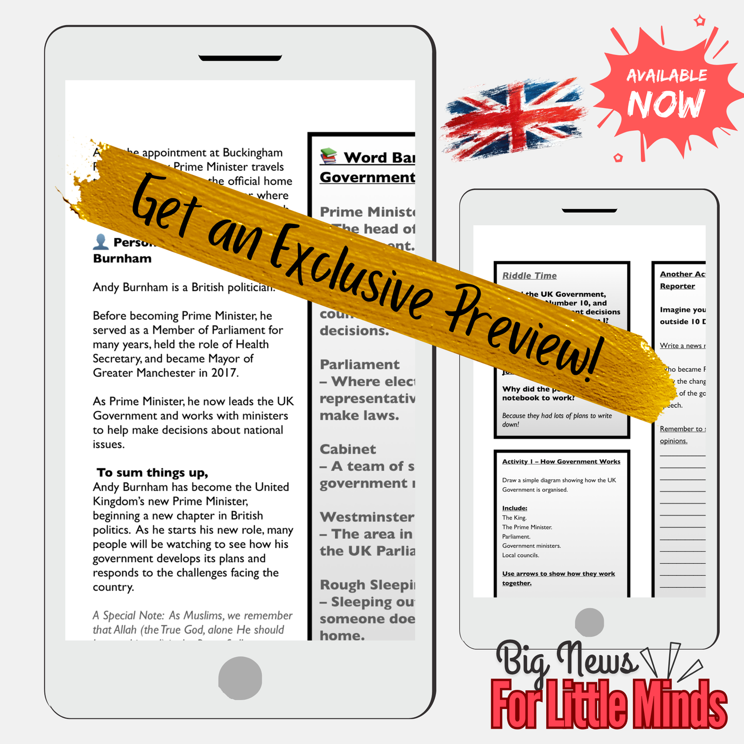 Andy Burnham Becomes Prime Minister of the UK: Kids Newspaper Pack with Activities!