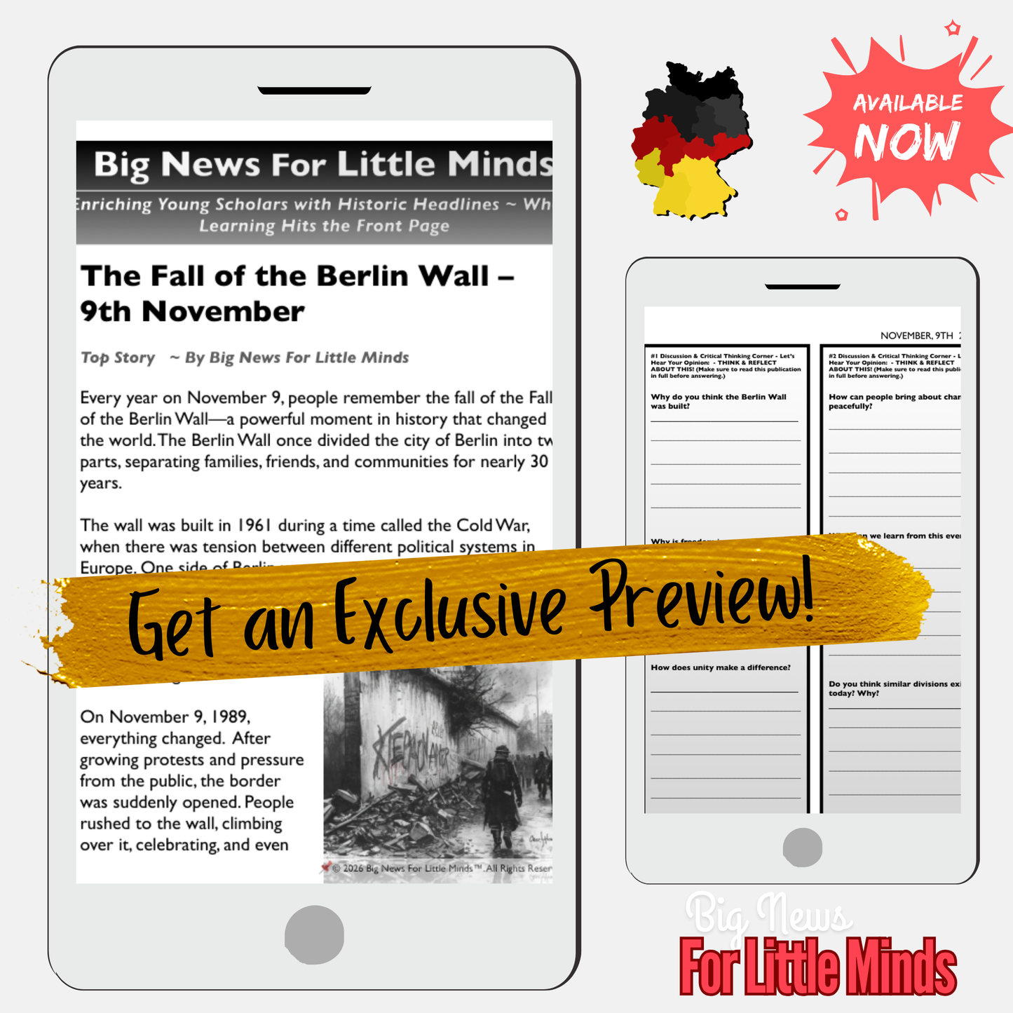 Fall of the Berlin Wall, November 9th Article Pack on History! Plus Freebie Worksheets!