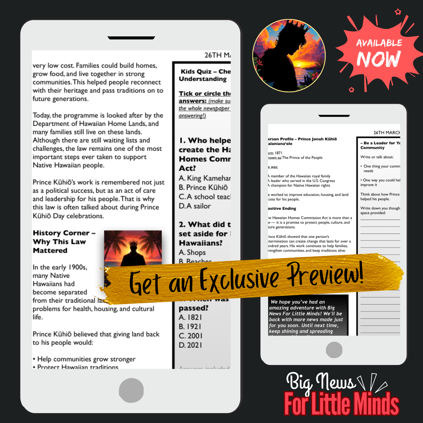 Prince Kūhiō and the Fight for Hawaiian Land Rights: Kids Article Pack & Freebies