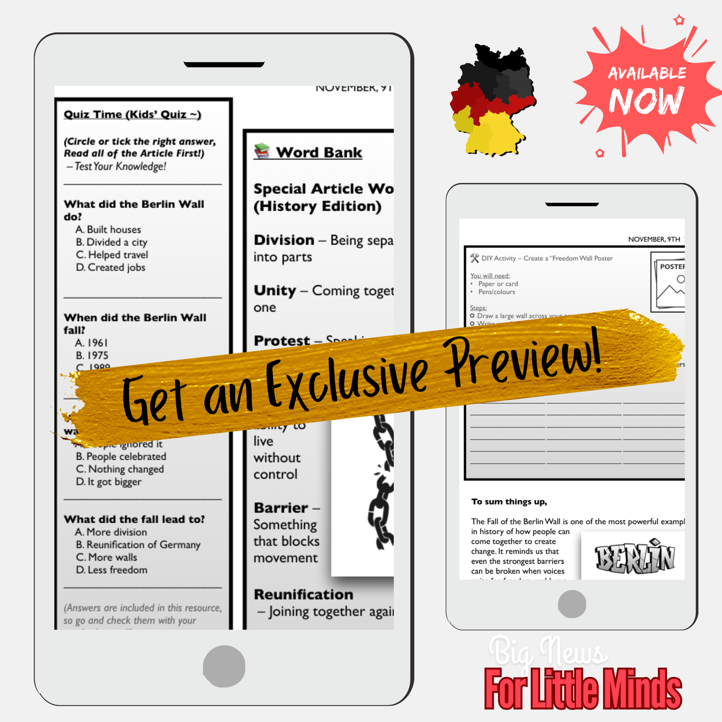 Fall of the Berlin Wall, November 9th Article Pack on History! Plus Freebie Worksheets!