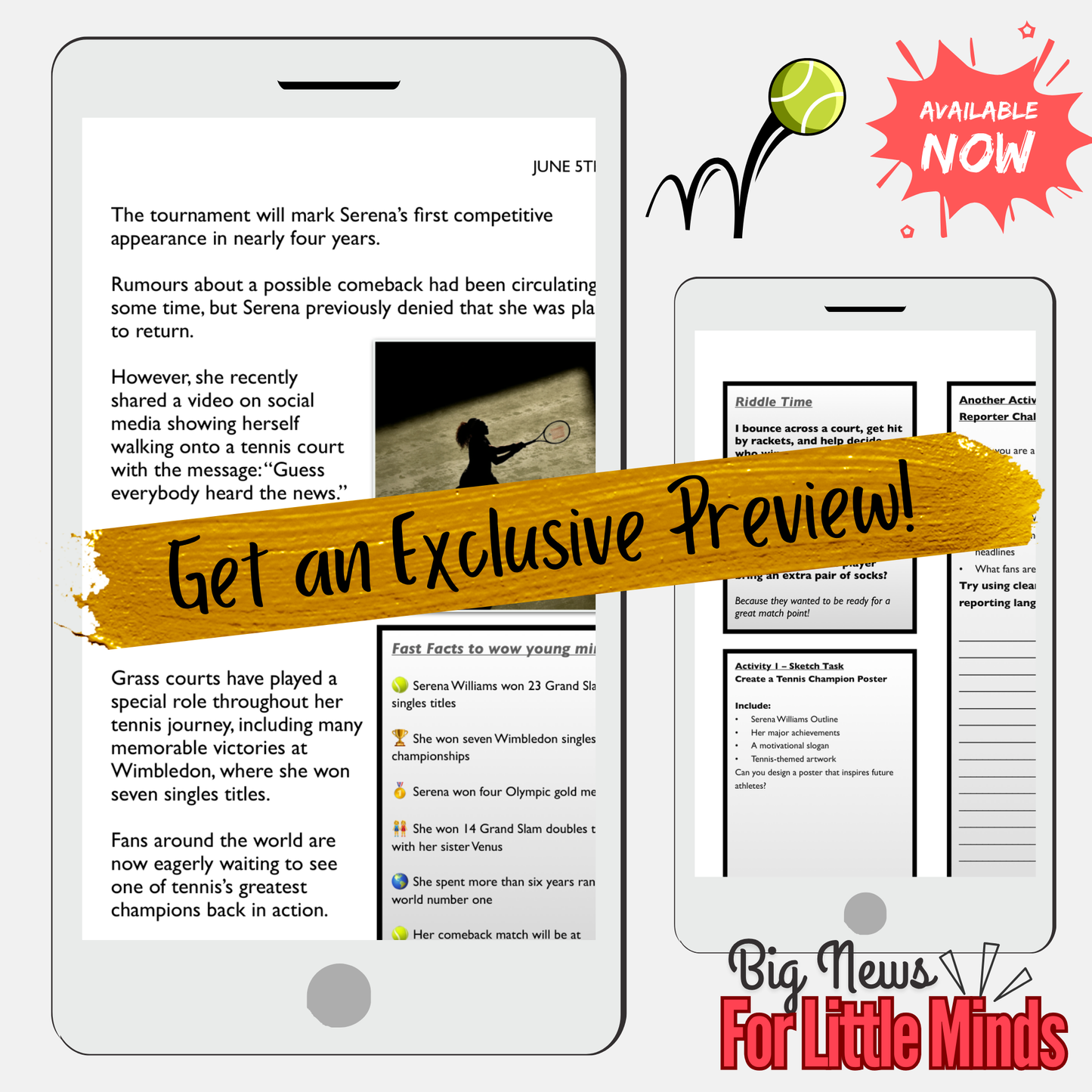 Serena Williams Returns: 1 of Tennis’s Greatest Champions! Article, Activities & Quiz