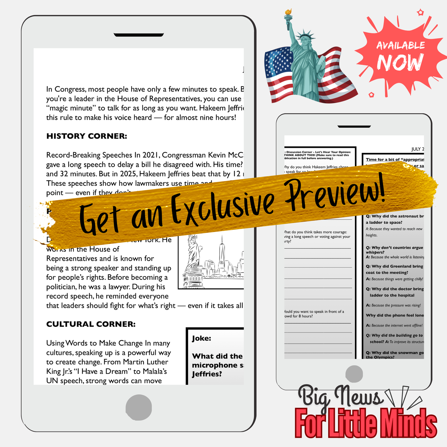 Hakeem Jeffries' 8-Hour Speech Against Trump’s Bill Kids Article & Activities Pack!