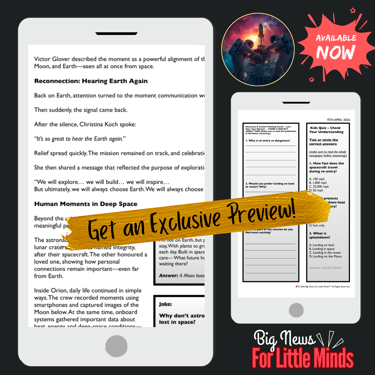 Artemis II Re-entry & Splashdown: Blazing Back to Earth: Kids Article Pack & Freebies!
