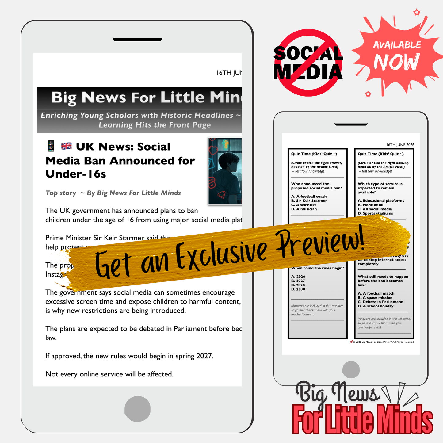UK Social Media Ban: Under 16s in 2027! Article, Activities, Quiz & Freebie Worksheets