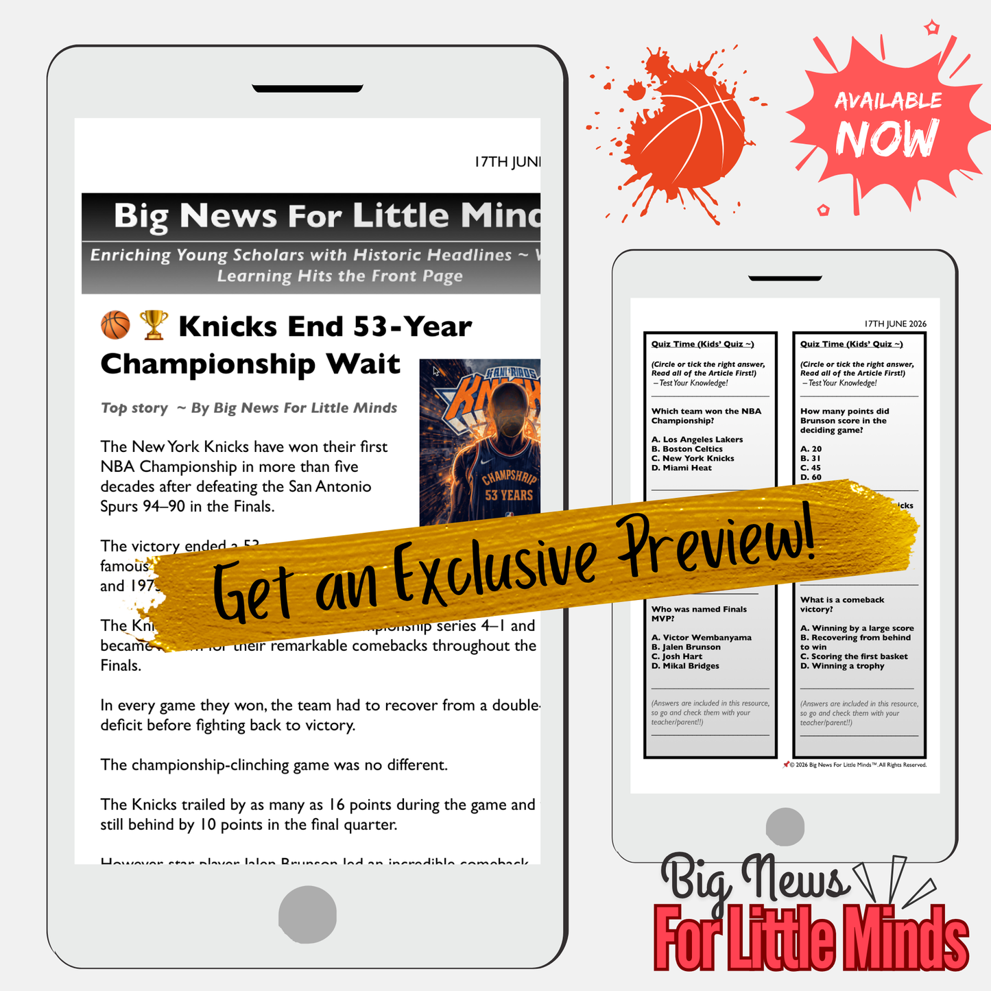 KNICKS END 53-YEAR CHAMPIONSHIP WAIT! Kids Article, Activities & Critical Thinking