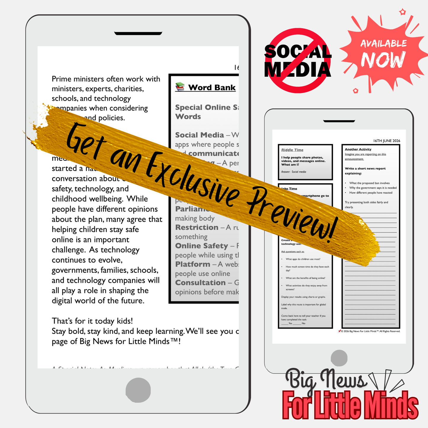UK Social Media Ban: Under 16s in 2027! Article, Activities, Quiz & Freebie Worksheets