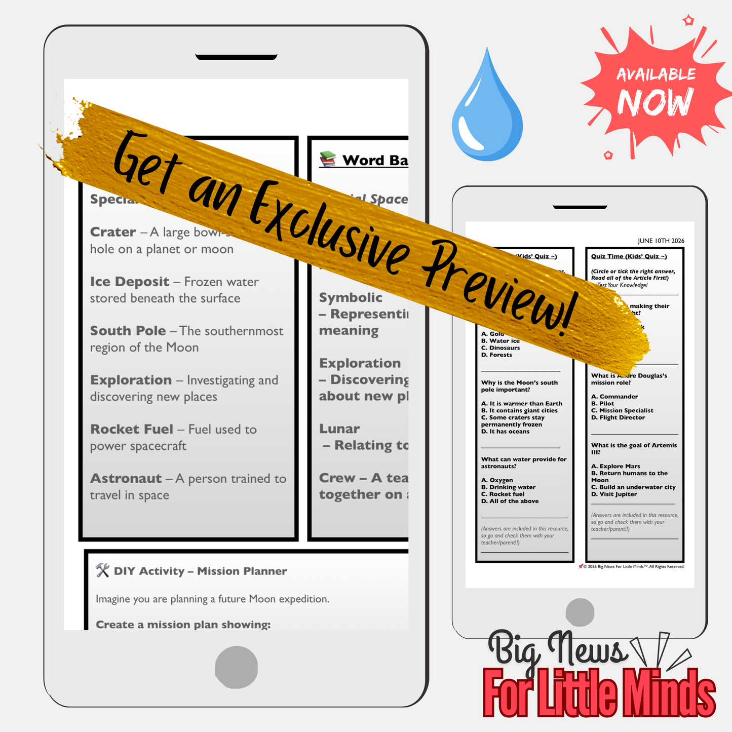 Artemis III: Searching for Water on Moon: Article & Activity Pack (Lesson Plan) & Quiz!