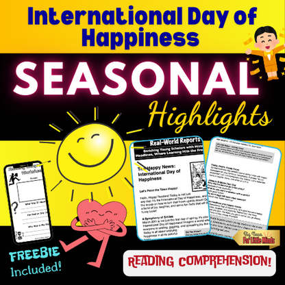 International Day of Happiness Kids Article to READ with Activity & Worksheets! March Fun