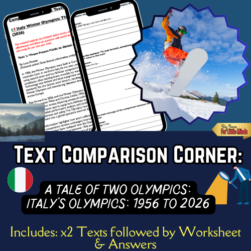 Italy Winter Olympics: Then vs Now (1956 vs. 2026) —Compare & Contrast Texts & Worksheets