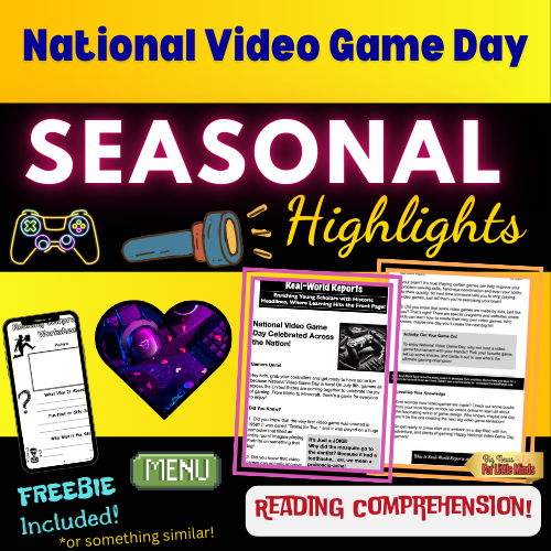 National Video Game Day: Kids Article, Activity & Free Worksheets in Mini Article Pack!