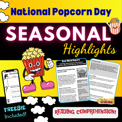 National Popcorn Day Pops into Our Lives! Kids Article, Activity & Freebie Worksheets x2!