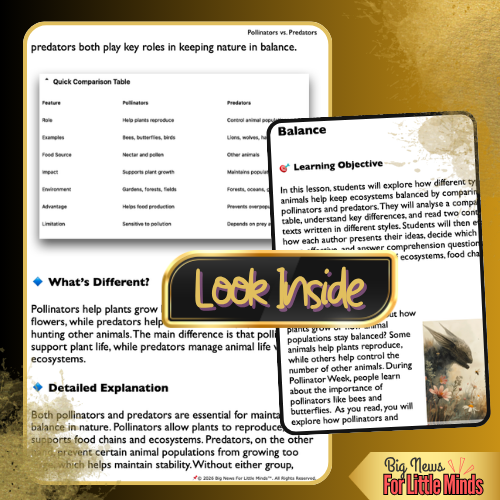 Text Comparison & Worksheet: Pollinators vs Predators: National Pollinator Week!