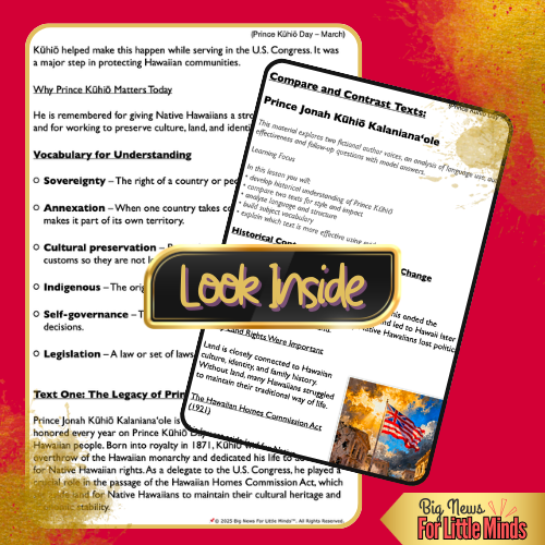Prince Kūhiō: A Legacy of Leadership – Compare & Contrast Two Texts With Question Worksheet!