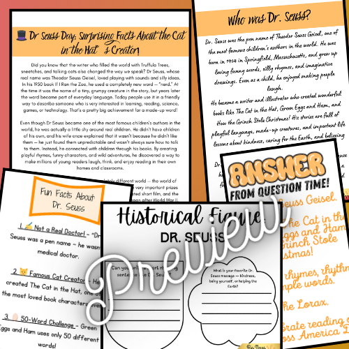 Who was Dr Seuss (Theodor Seuss Geisel)? Reading Pack with Worksheets & Freebie!