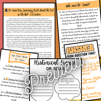 Who was Dr Seuss (Theodor Seuss Geisel)? Reading Pack with Worksheets & Freebie!