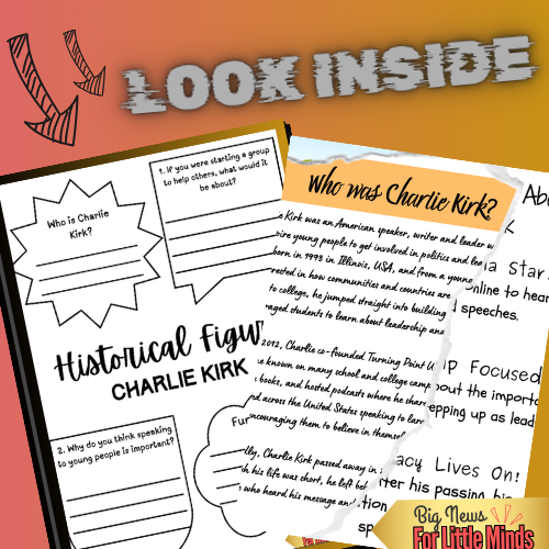 Who was Charlie Kirk? Kids Mini Article Package with Fun Freebie Worksheets!