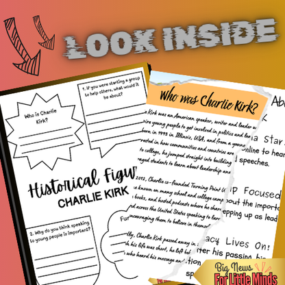 Who was Charlie Kirk? Kids Mini Article Package with Fun Freebie Worksheets!