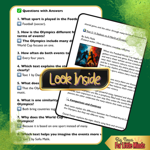 Football World Cup vs Olympics: Compare & Contrast 2 Texts, Analysis, Worksheets!