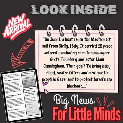 Greta’s Aid Trip to Gaza Interrupted: Kids Article Pack & FREEBIES Worksheets x2
