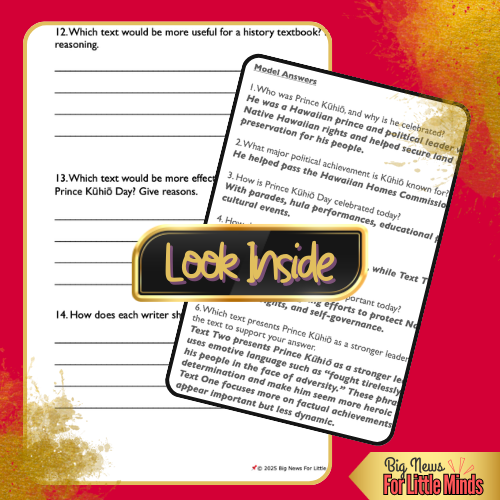 Prince Kūhiō: A Legacy of Leadership – Compare & Contrast Two Texts With Question Worksheet!