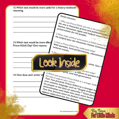 Prince Kūhiō: A Legacy of Leadership – Compare & Contrast Two Texts With Question Worksheet!