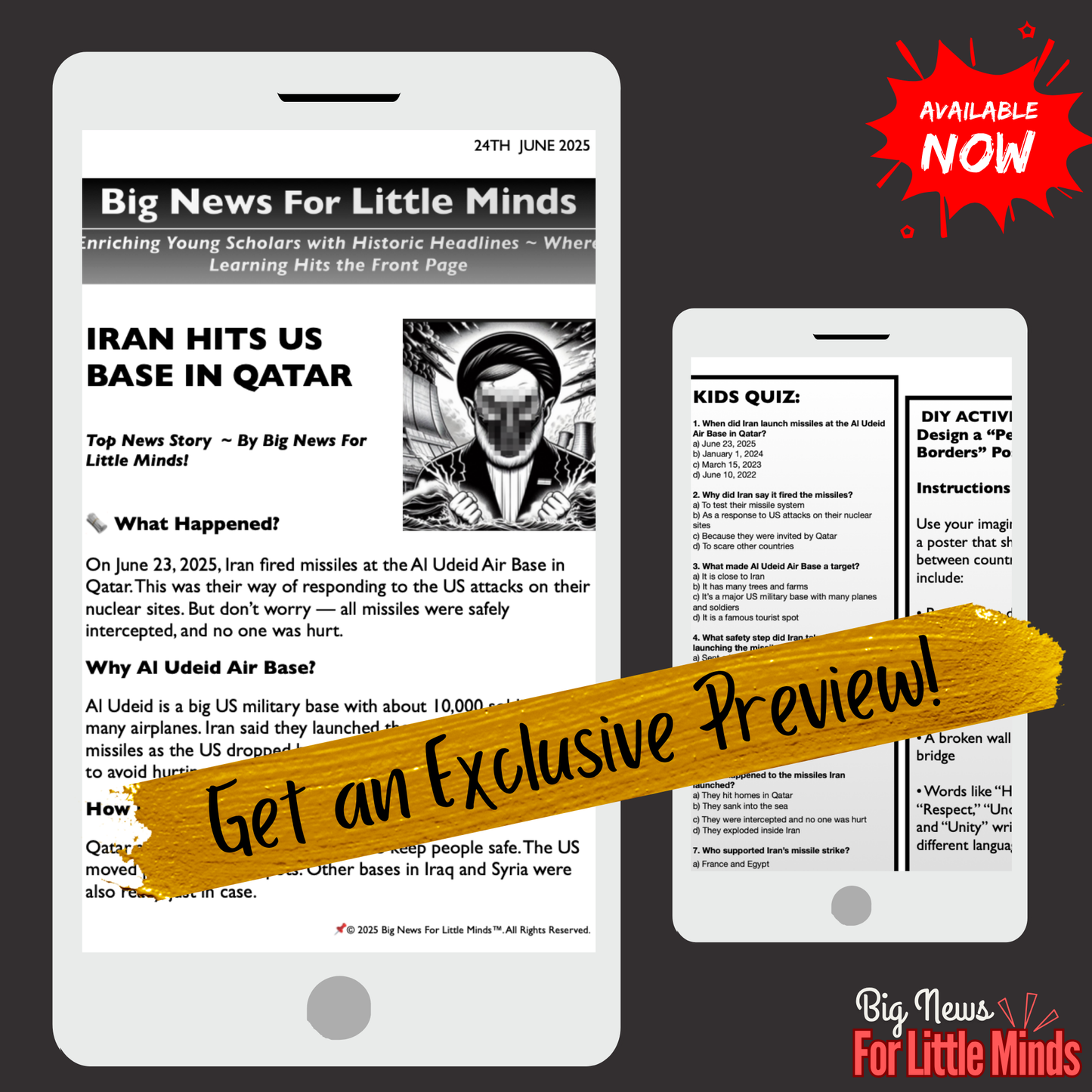 Shock Strike: Iran Attacks US Base in Middle East: Kids Article Pack & Freebies x2!