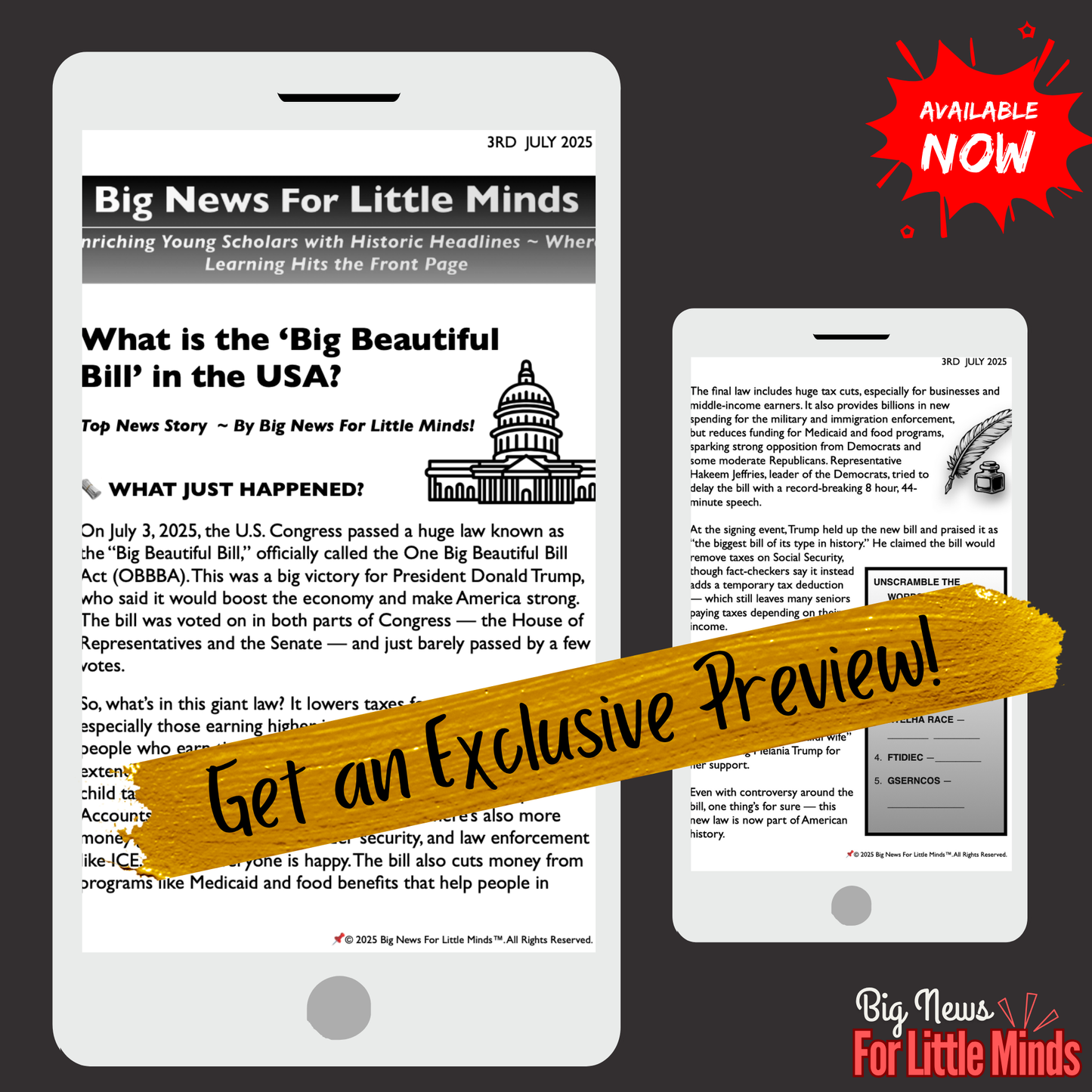 Kids Article on The Big Beautiful Bill ~ OBBBA Explained & Freebie Worksheets x2!