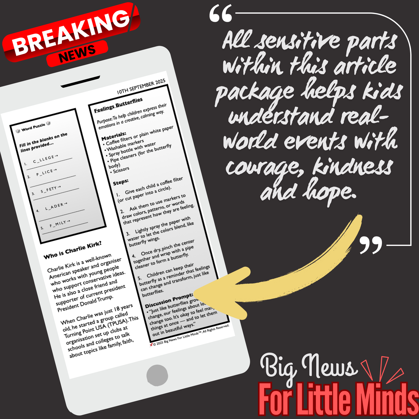 Charlie Kirk, Trump Ally, Fatally Shot in Utah ~ Who was he? Kids Article Pack with Freebie worksheets