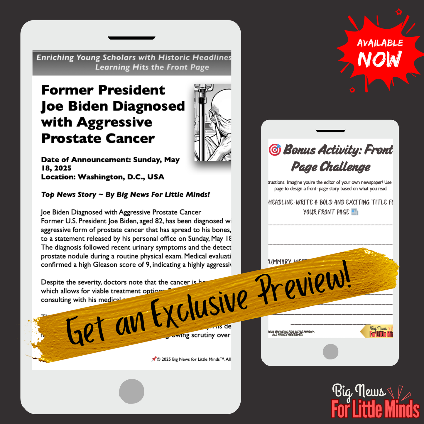 Joe Biden’s Prostate Cancer Diagnosis: Kid-Friendly Article Pack with Freebies x2 to Fill-in (Worksheet) Complete Lesson!