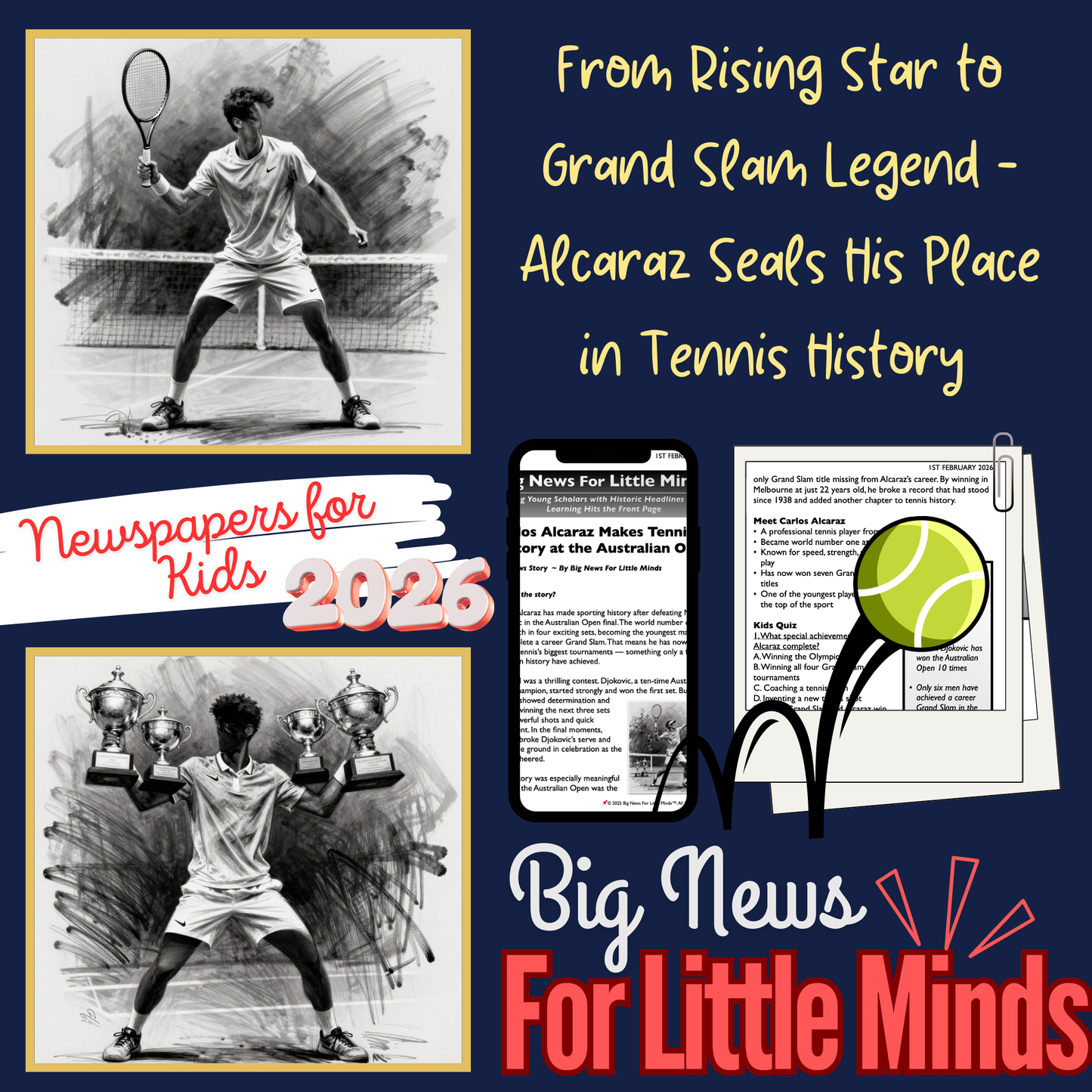 Carlos Alcaraz Makes Grand Slam History: Kids News Pack 2026 with Freebies!