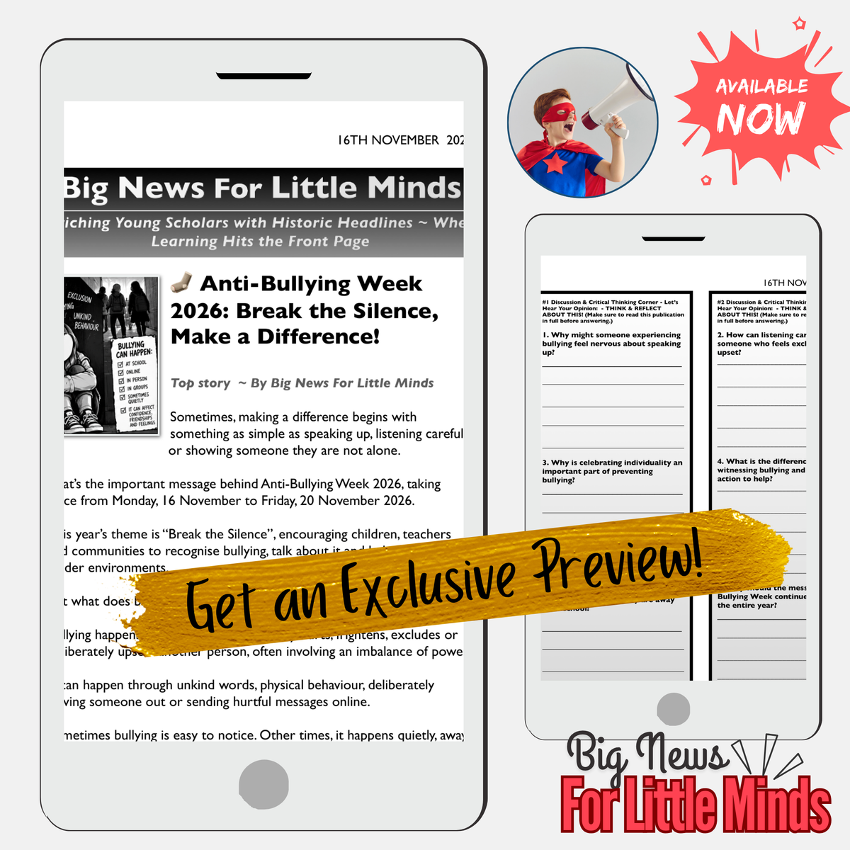 Anti-Bullying Week 2026: Break the Silence Newspaper, Reading & Activities PACK!