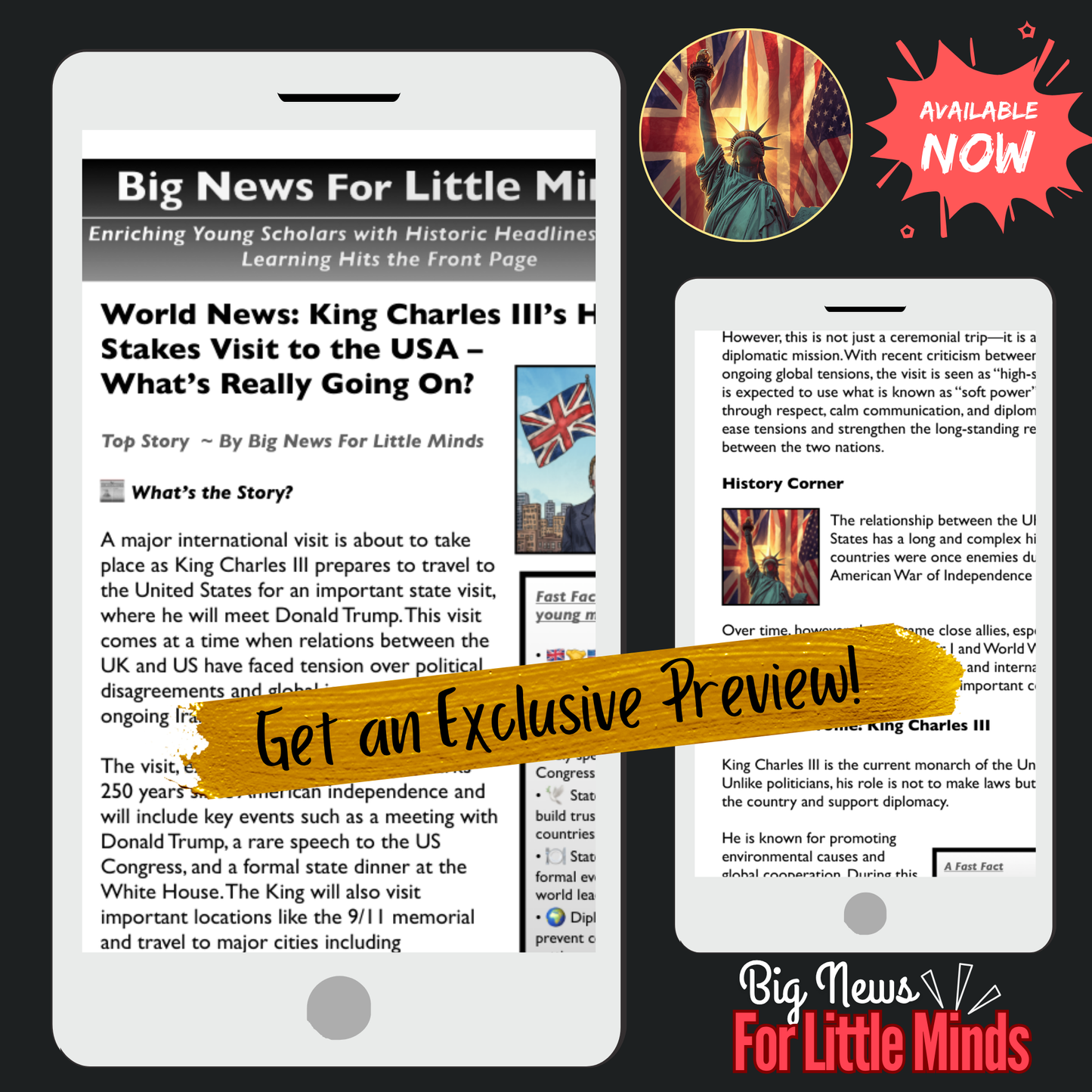 King Charles & Trump to Meet for America’s 250-Year Independence! Kids Article Pack