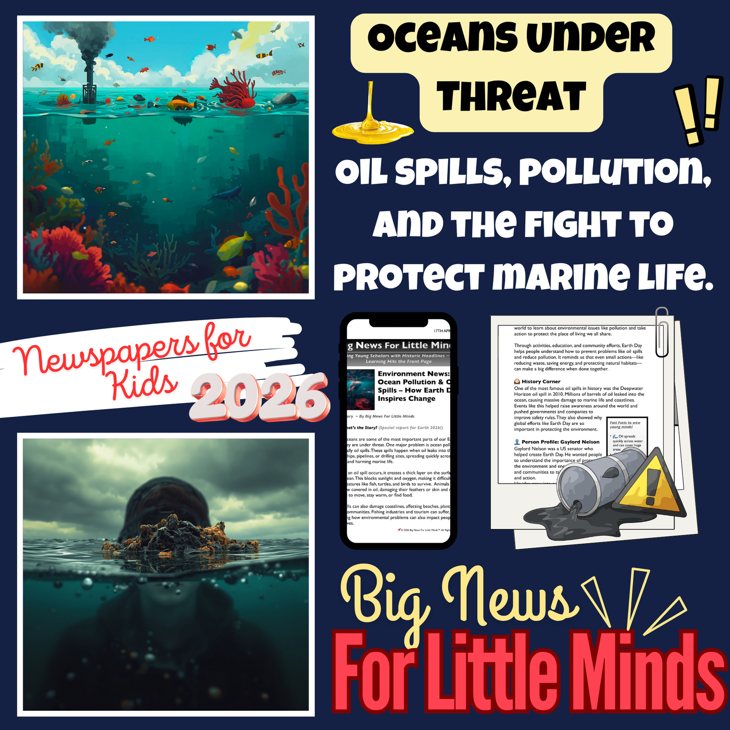 Ocean Pollution & Oil Spills: An Earth Day Article Package with Tasks & Poster Creating!