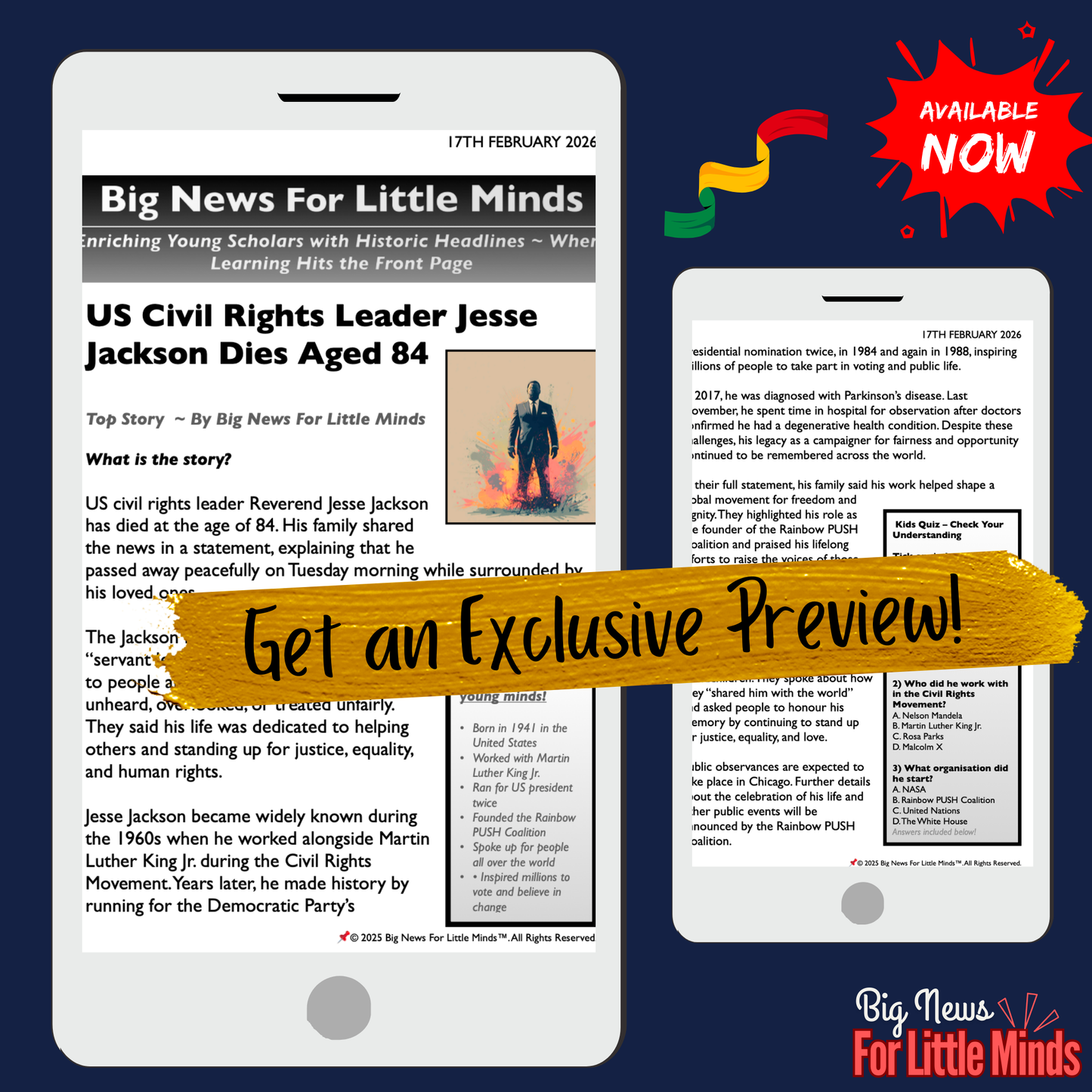 Jesse Jackson, US civil rights leader, Dies aged 84: Kids News Pack & Freebies to Complete!