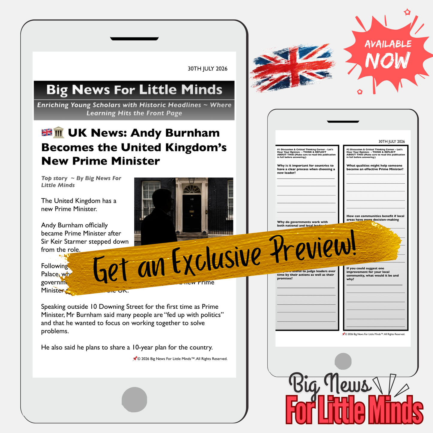 Andy Burnham Becomes Prime Minister of the UK: Kids Newspaper Pack with Activities!