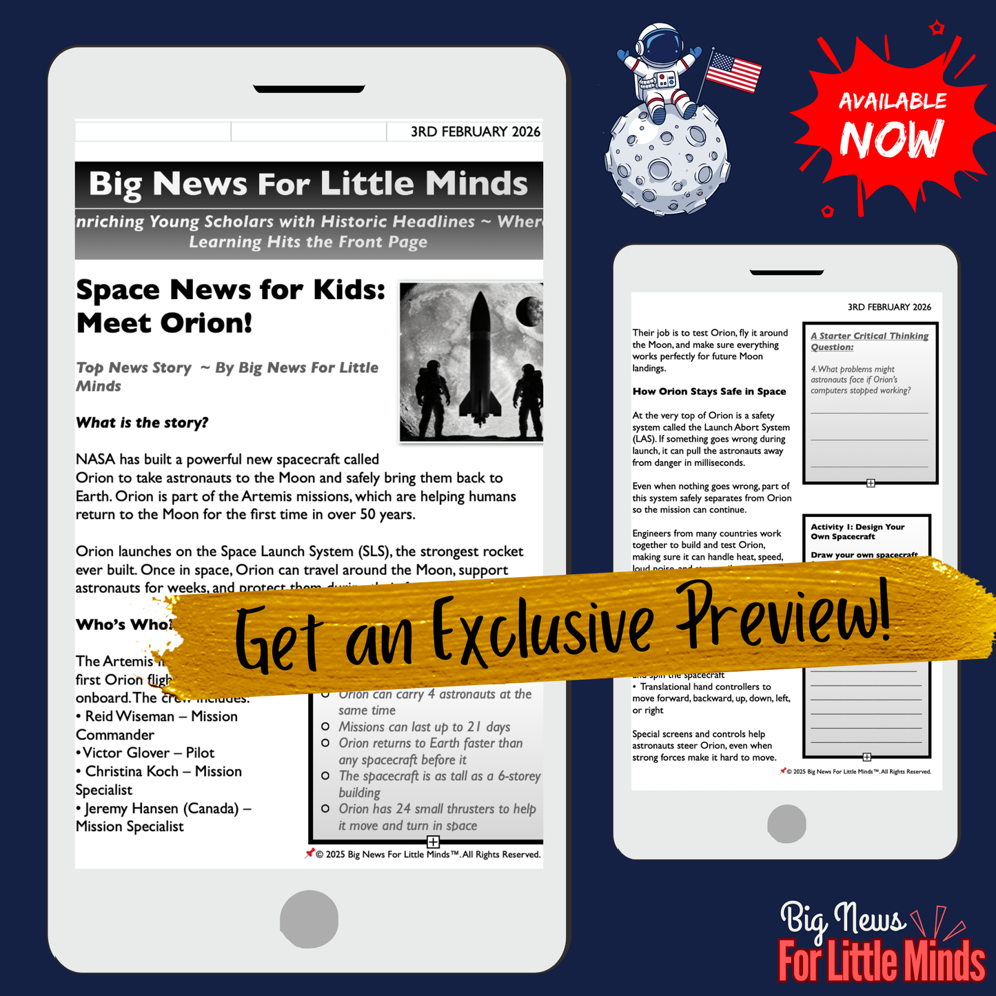 NASA’s Orion Spacecraft Used in the Artemis II Mission: Kids Info Pack & Activities!