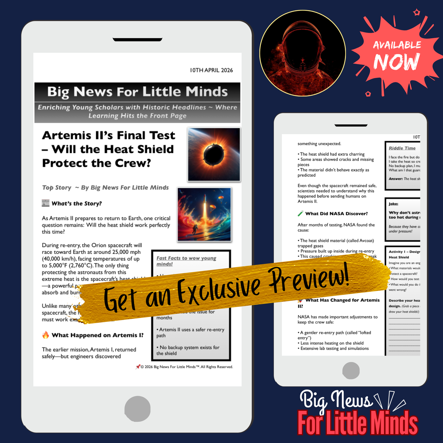 Artemis II’s Final Test – Will the Heat Shield Protect the Crew? Kids Article PACK 2026