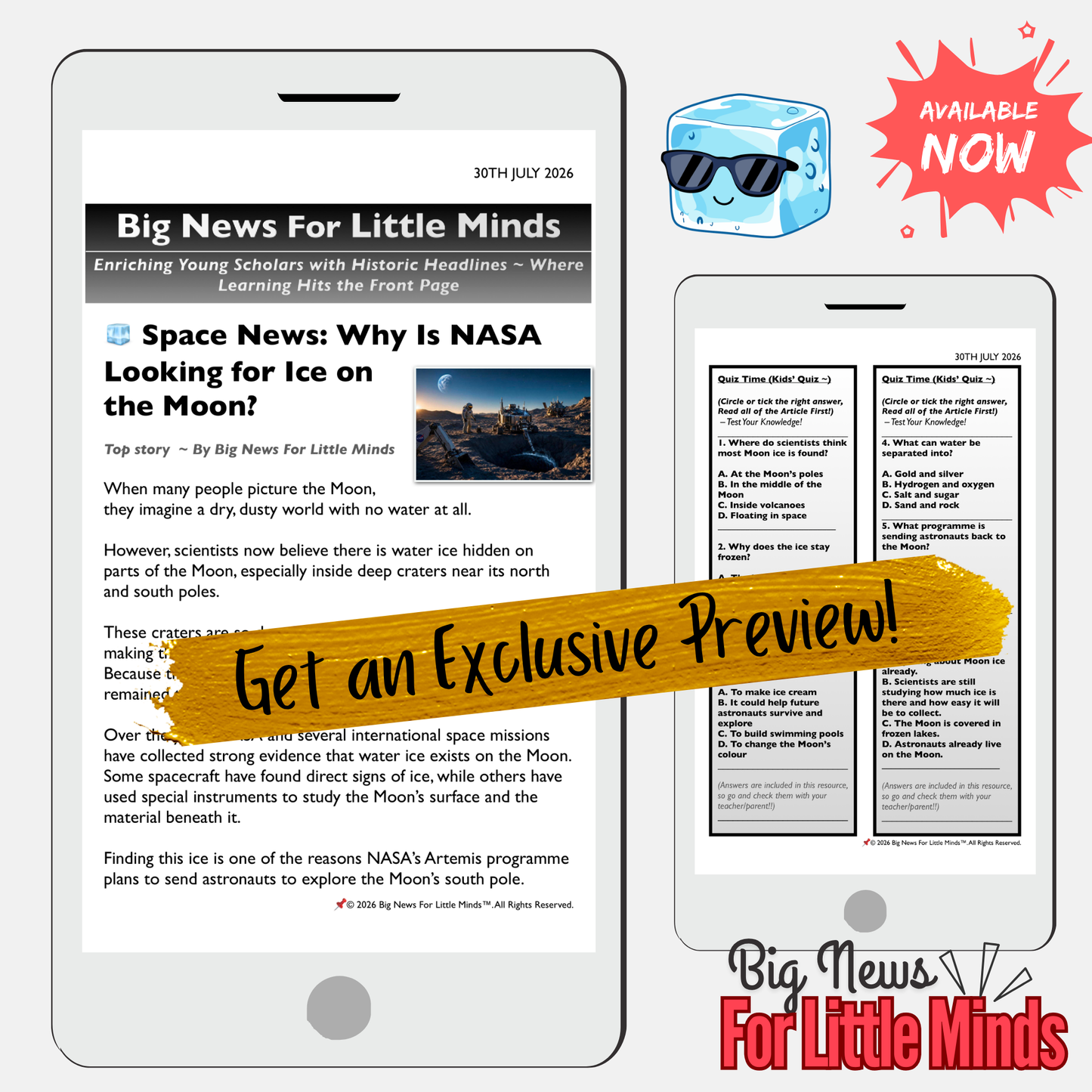NASA’s Search for Moon Ice (Artemis Programme) Space Newspaper, Quiz & Activities